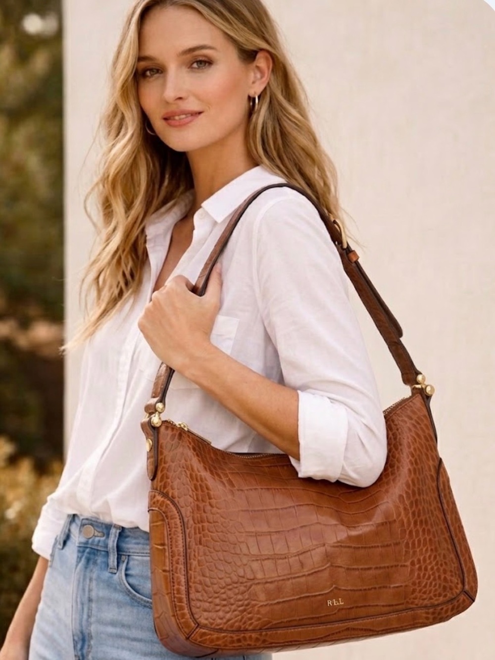 VINTAGE LAUREN RALPH LAUREN Croc-Embossed Leather Hobo Bag Purse Shoulder Bag